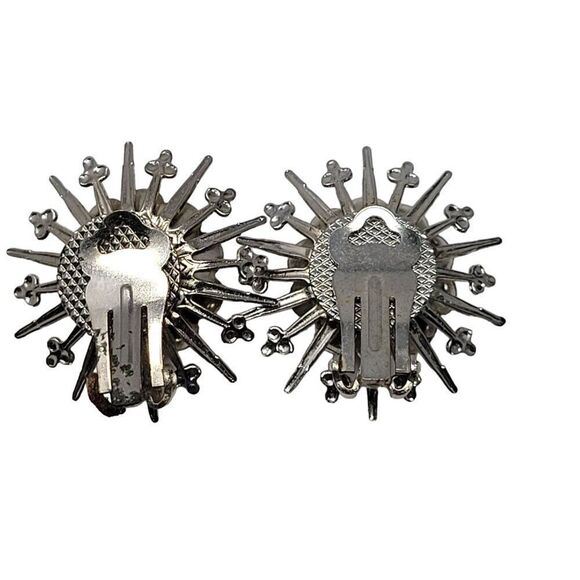 Vintage 60s Pink Quartz Sunburst Satellite Clip-On Earrings Silver Tone Glam - Picture 6 of 8